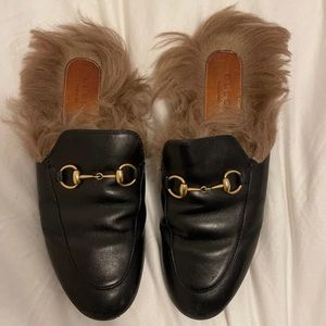 Black Gucci Leather Fur mules